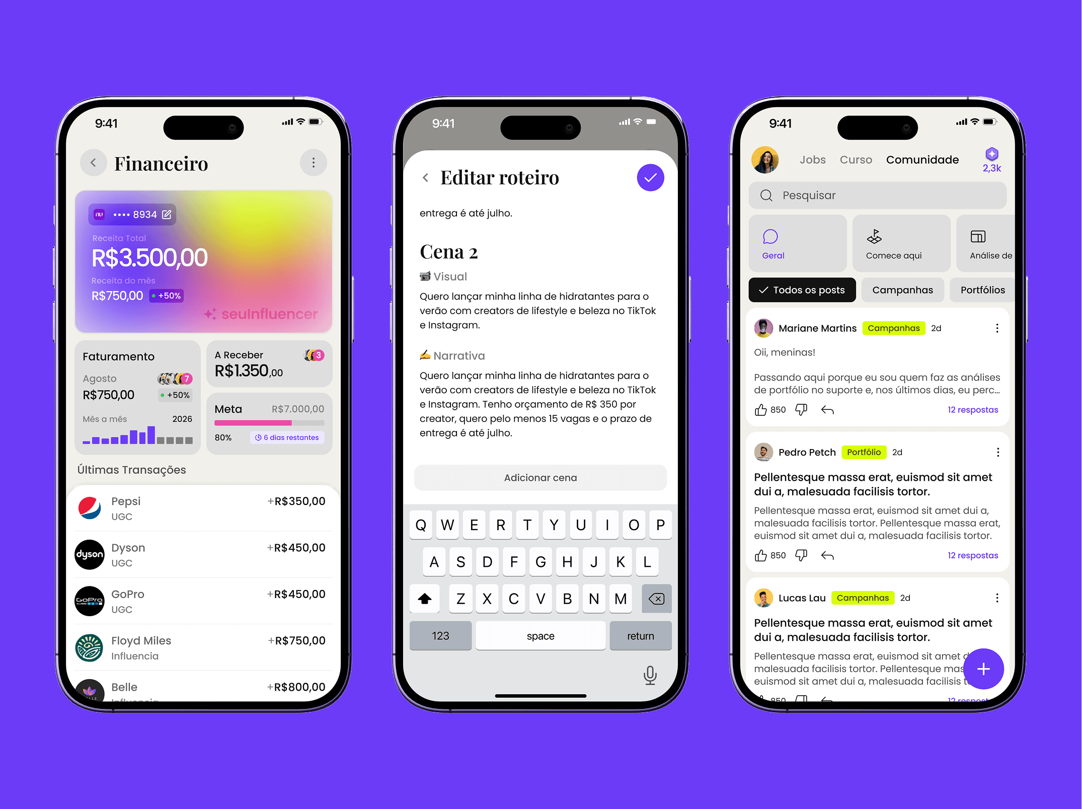 Three app screens on a purple background