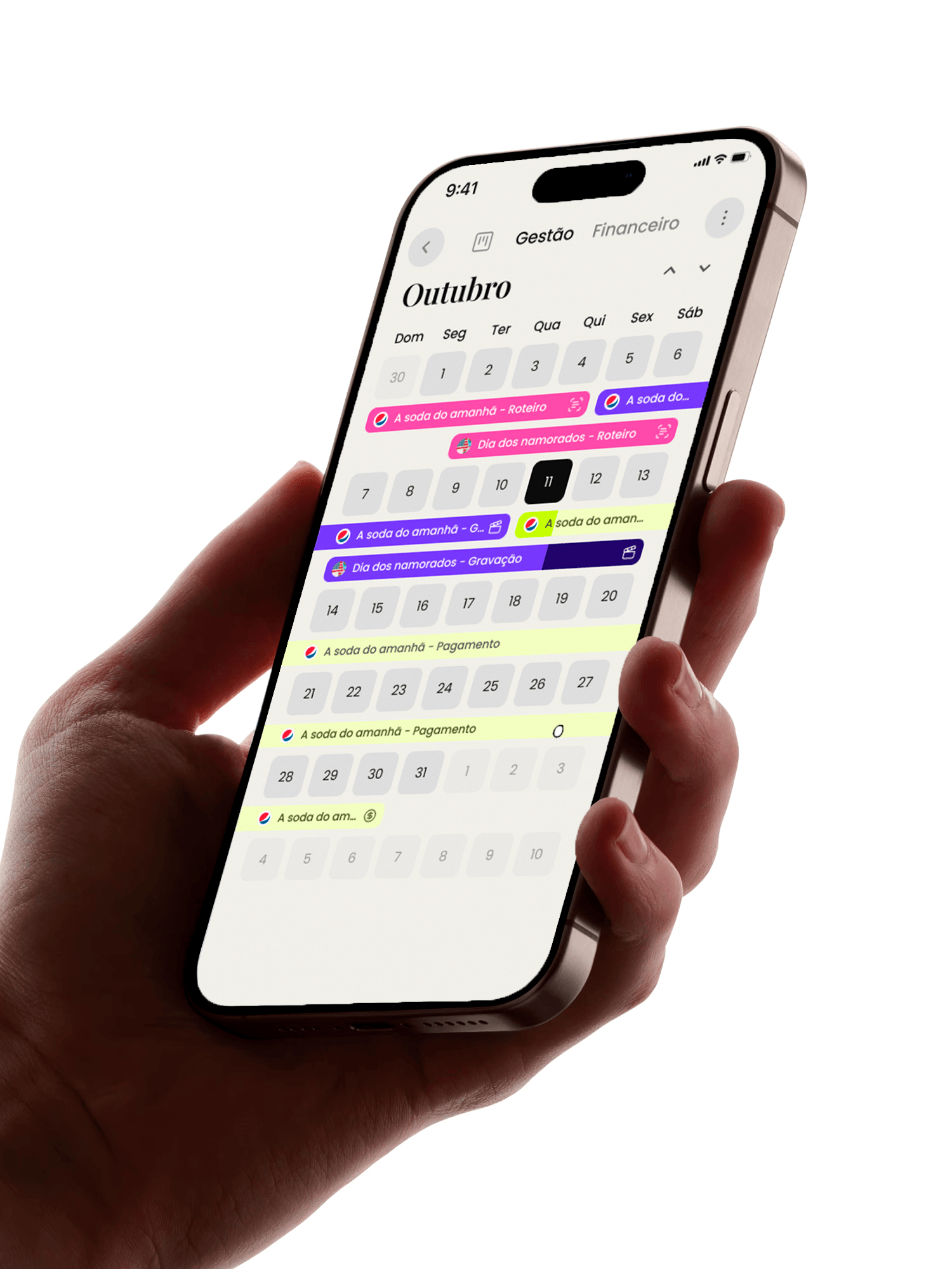 Hand holding a phone showing a calendar app