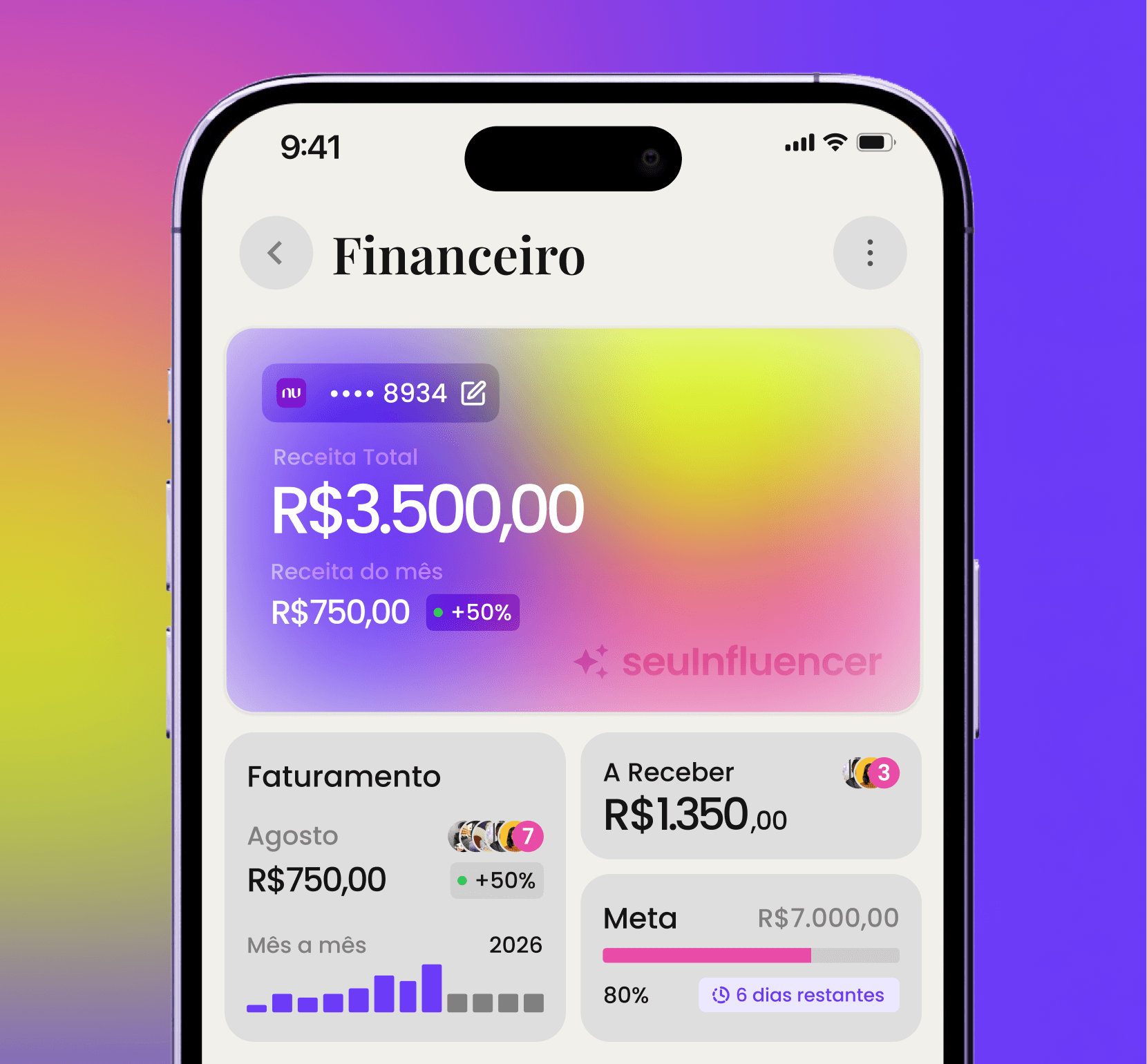 Finance app screen on a colorful gradient